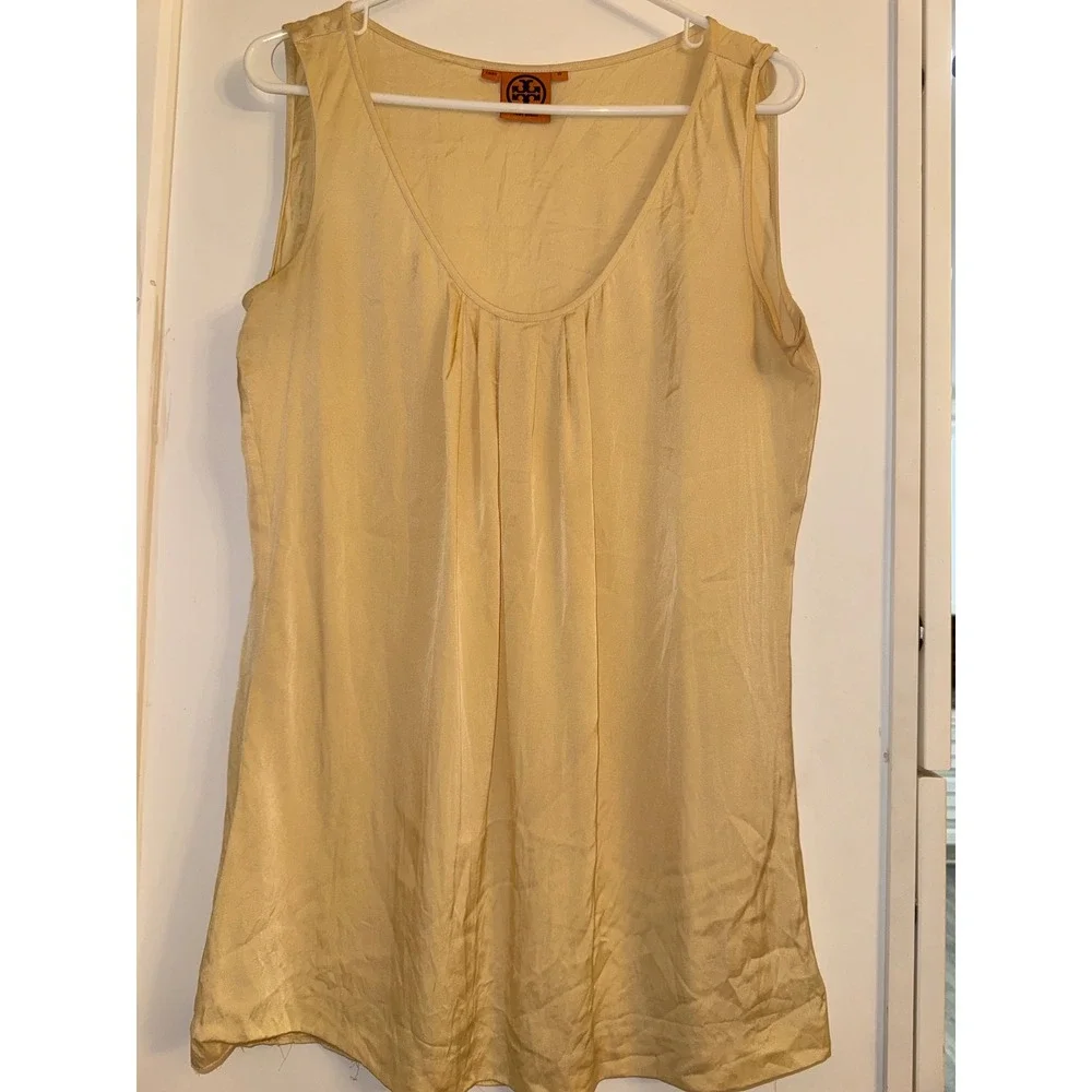 Tory Burch Silk Blend Sleeveless V-Neck Blouse Yellow Stretch Career Top Small